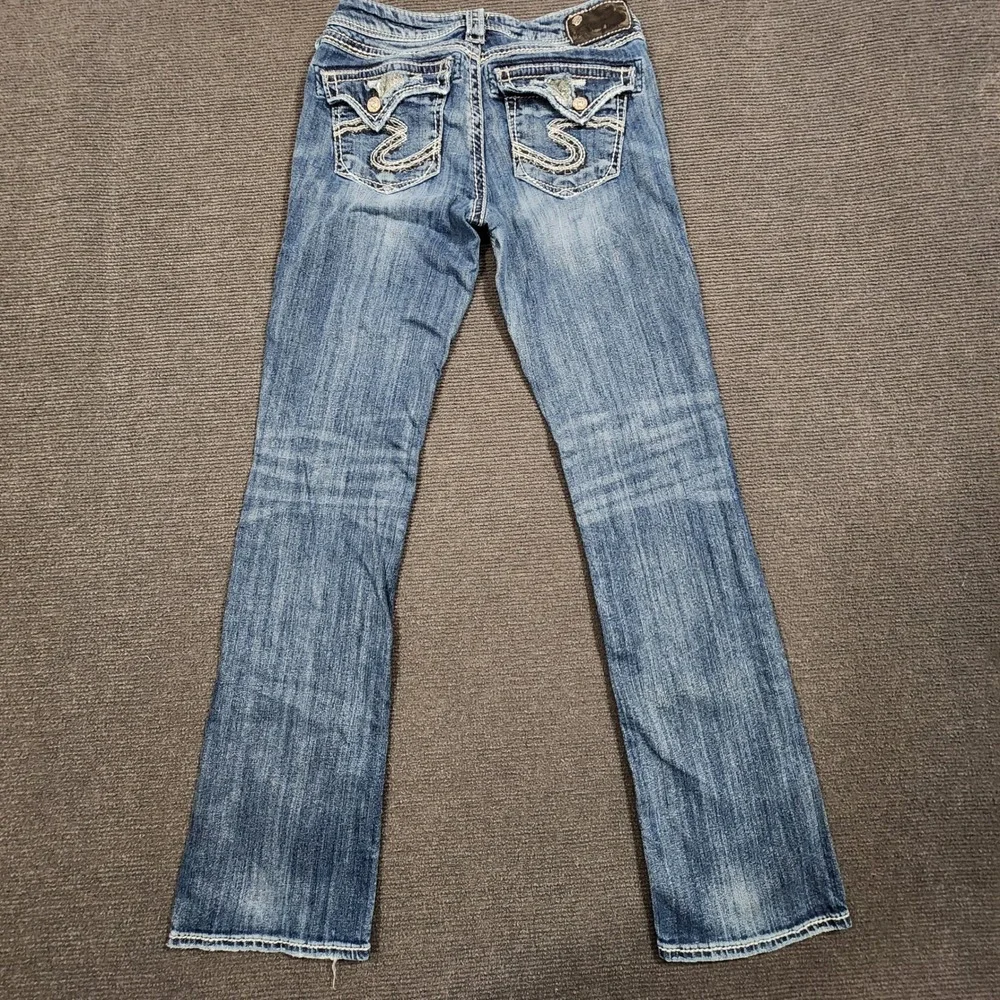 Silver Jeans Suki Flap Jeans Women 27 Blue Distressed Mid Rise Bootcut Denim